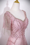 Blush Pink Glitter Tassel Sleeve Prom Dress | Luxury Evening Gown HZ0429
