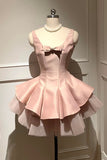 Pink Satin Bow Detail Mini Party Dress with Tulle Ruffle Hem HZ0429