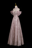 Dusty Pink Glitter Off-the-Shoulder Ball Gown Formal Evening Dress with Tulle Sleeves HZ0429