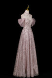 Dusty Pink Glitter Off-the-Shoulder Ball Gown Formal Evening Dress with Tulle Sleeves HZ0429
