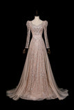 Champagne Sequin Lace Mermaid Wedding Guest Dress with Detachable Train HZ0429