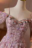 Pink Off Shoulder A-Line Long Prom Dress with 3D Flowers HZ0429
