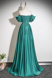 Elegant Off-the-Shoulder Emerald Green Satin Evening Gown with Beading HZ0429