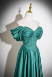 Elegant Off-the-Shoulder Emerald Green Satin Evening Gown with Beading HZ0429