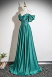 Elegant Off-the-Shoulder Emerald Green Satin Evening Gown with Beading HZ0429