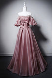 Dusty Pink Off-the-Shoulder A-Line Evening Gown with Puff Sleeves HZ0429