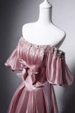 Dusty Pink Off-the-Shoulder A-Line Evening Gown with Puff Sleeves HZ0429