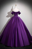 Purple Off-the-Shoulder Satin Ball Gown with Crystal Waist Detail HZ0429
