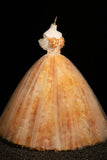 Orange Yellow Off-the-Shoulder Tulle Ball Gown with 3D Flower Embellishments HZ0429