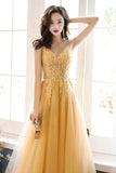 Yellow Tulle Lace Long Prom Dress, A-Line Evening Party Dress HZ0429