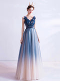 Blue V Neck Gradient Tulle Prom Dress with Beaded, Long A-Line Evening Dress HZ0429