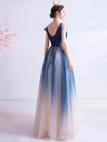Blue V Neck Gradient Tulle Prom Dress with Beaded, Long A-Line Evening Dress HZ0429