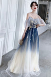 Blue Tulle Sequins Long Prom Dresses, A-Line Off the Shoulder Party Dresses HZ0429