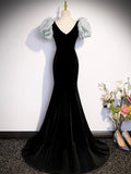 Black Velvet Long Prom Dress, Mermaid Evening Party Dress with Bow HZ0429