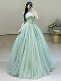 Green Strapless Tulle Floor Length Prom Dress, Beautiful Green Evening Dress HZ0429