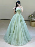Green Strapless Tulle Floor Length Prom Dress, Beautiful Green Evening Dress HZ0429