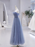 Blue Strapless Tulle Long Prom Dress, Blue A-Line Evening Dress HZ0429
