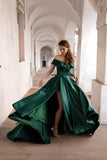 Green Satin Long A-Line Prom Dress, Off the Shoulder Evening Dress with Slit HZ0429