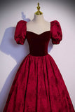 Burgundy Velvet Long A-Line Prom Dress, Short Sleeve Evening Dress HZ0429