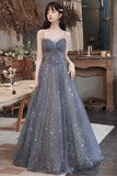 Gray Blue Tulle Long Prom Dresses, A-Line Spaghetti Straps Evening Dresses HZ0429