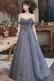 Gray Blue Tulle Long Prom Dresses, A-Line Spaghetti Straps Evening Dresses HZ0429