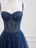 Blue Spaghetti Strap Tulle Sequins Long Prom Dress, Beautiful A-Line Evening Party Dress HZ0429