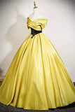 Yellow Satin and Black Lace Long Prom Dress, A-Line Off the Shoulder Party Dress HZ0429