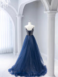 Blue Tulle Beaded Long Prom Dress, A-Line Spaghetti Strap Formal Evening Dress HZ0429