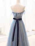 Blue Tulle Long Prom Dress, A-Line Strapless Evening Party Dress HZ0429