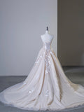 Champagne Tulle Lace Long Prom Dress, Elegant Strapless A-Line Formal Evening Dress HZ0429
