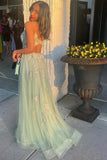 Green V-neck Lace Long Prom Dress, A-Line Evening Dress with Slit HZ0429