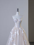Champagne Tulle Lace Long Prom Dress, Elegant Strapless A-Line Formal Evening Dress HZ0429