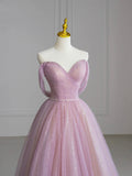 Beautiful Tulle Beaded Floor Length Prom Dress, Pink Off the Shoulder Evening Party Dress HZ0429