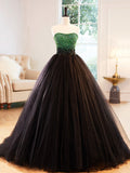 Black Strapless Tulle Long Prom Dress with Green Beaded, A-Line Formal Dress HZ0429