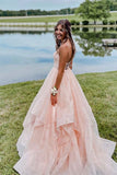 Pink Tulle Long Prom Dress, A-Line Spaghetti Straps Evening Dress HZ0429