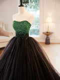Black Strapless Tulle Long Prom Dress with Green Beaded, A-Line Formal Dress HZ0429