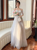 Gray Strapless Tulle Long Prom Dress, Lovely A-Line Evening Dress HZ0429