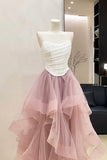 Blush Pink Asymmetrical Tulle Party Dress - White Ruched Bodice Evening Gown HZ0429