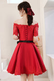 Red Satin Lace Short Prom Dresses, A-Line Evening Party Dresses HZ0429