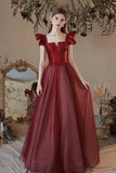 Burgundy Satin Tulle Long Prom Dress, A-Line Evening Dress HZ0429