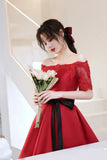 Red Satin Lace Short Prom Dresses, A-Line Evening Party Dresses HZ0429