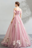 Pink Tulle Lace Long A-Line Prom Dresses, Pink Evening Dresses HZ0429
