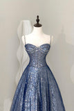 Blue Tulle Sequins Long Prom Dress, Beautiful A-Line Spaghetti Strap Party Dress HZ0429