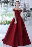 Burgundy Satin Long Prom Dresses, Cute Evening Dresses with Bow HZ0429