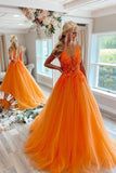 Orange Tulle Lace Long Prom Dresses, V-Neck Evening Dresses HZ0429