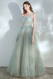 Green Tulle Lace Strapless Long Formal Dress, A-Line Evening Party Dress HZ0429