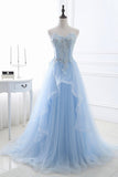 Blue Strapless Tulle Lace Long A-Line Prom Dress, Blue Evening Dress HZ0429