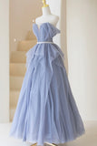 Blue Off Shoulder Tulle Long Formal Dress, A-Line Blue Evening Dress HZ0429