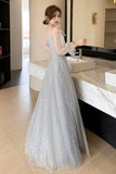 Gray Tulle Lace Long Prom Dresses, A-Line Evening Dresses HZ0429