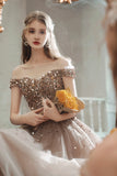 Off the Shoulder Beading Long Prom Dresses, A-Line Evening Dresses HZ0429